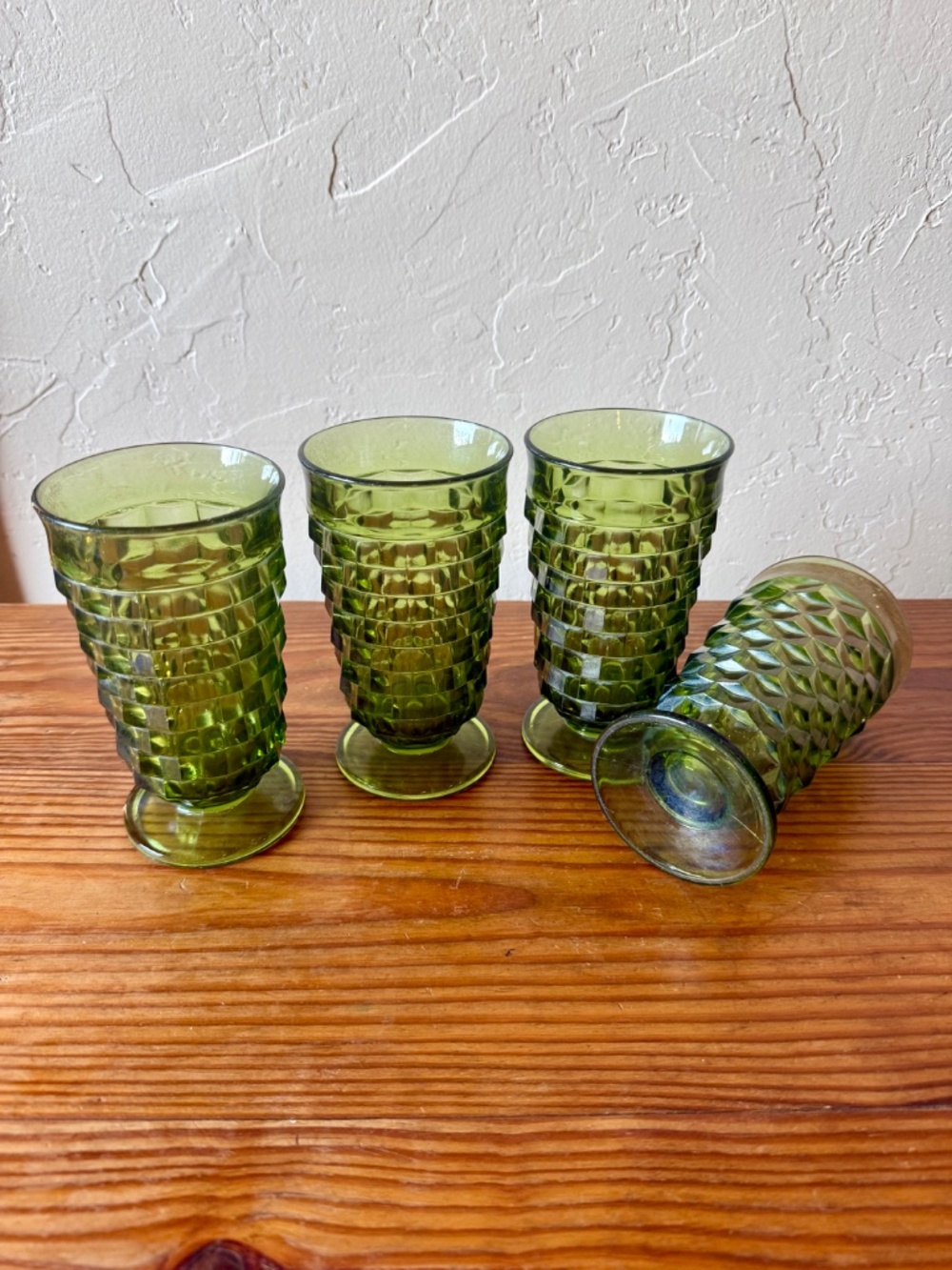 Indiana Glass Whitehall Cubist Olive Green Footed Tumblers Set of 4 - Picture 14 of 15